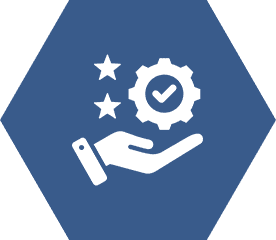 Hand, gear, stars on blue hexagon background.