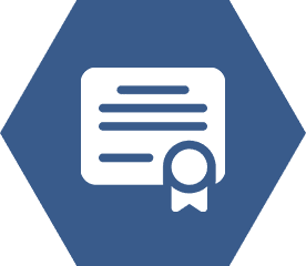Certificate icon with blue hexagonal background.