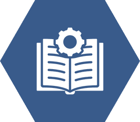 Open book with gear icon inside hexagon.