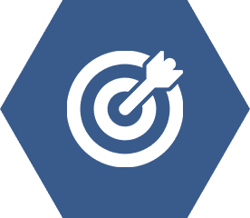Target icon with arrow on blue hexagon.