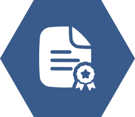 Certificate icon on blue hexagonal background.