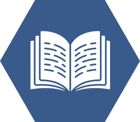 Open book icon on blue hexagonal background.