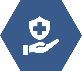 Hand holding shield with medical cross.