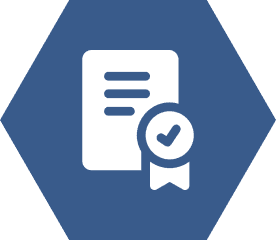 Certificate icon with checkmark on hexagon background.